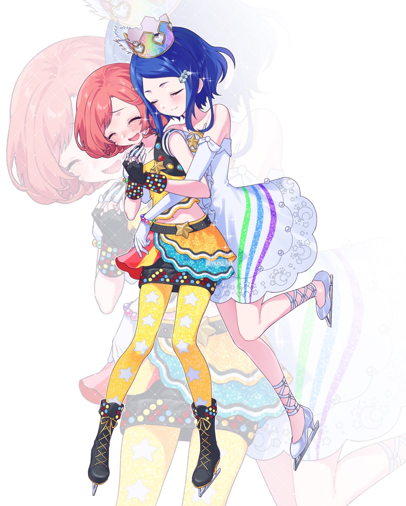 2girls, :d, ayase_naru, bare_shoulders, black_shoes, blue_hair, closed_eyes, commentary_request