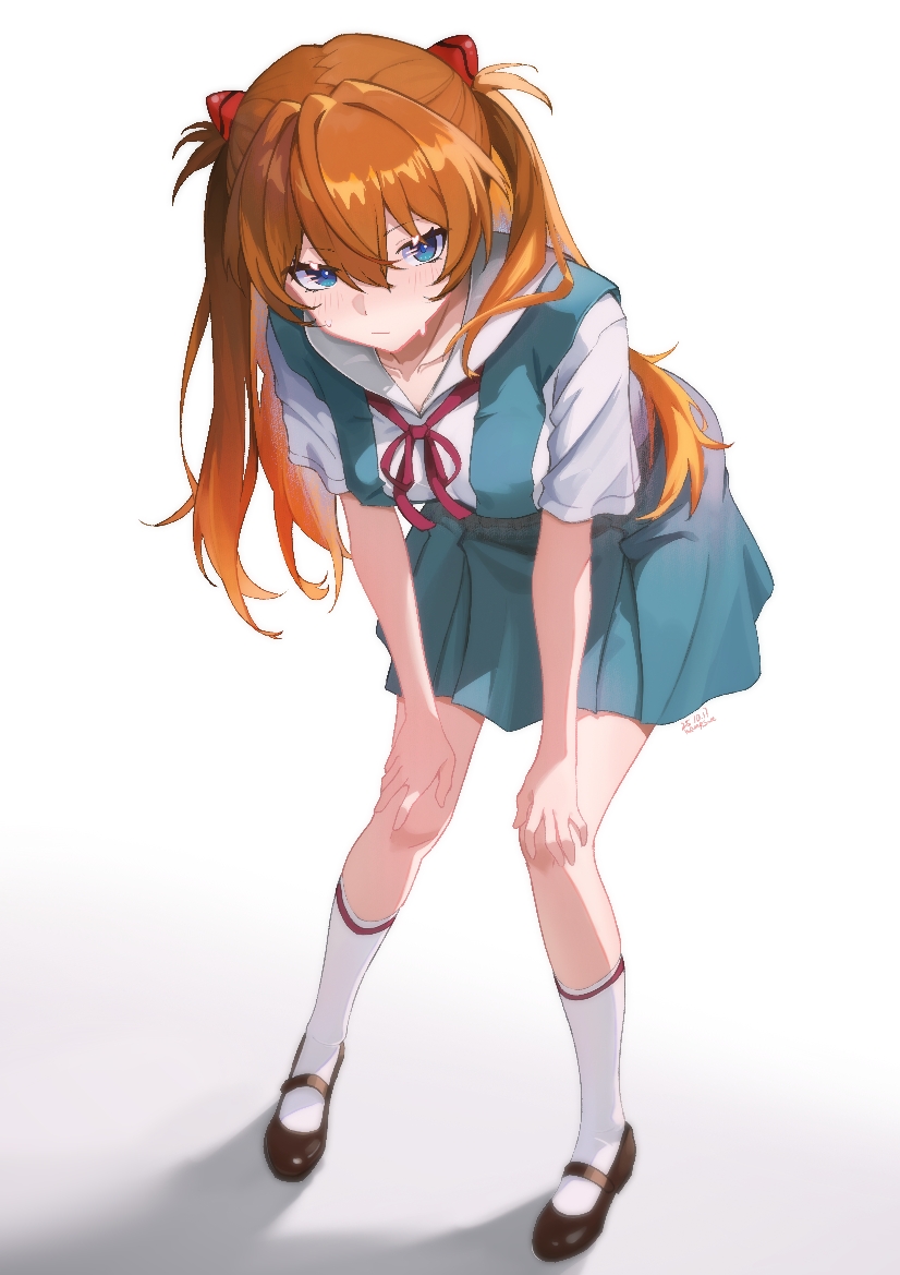 1girl, blue_eyes, blue_skirt, blush, breasts, closed_mouth, hair_between_eyes, hands_on_own_knees, kampswe_galong, long_hair, medium_breasts, neck_ribbon, neon_genesis_evangelion, orange_hair, red_ribbon, ribbon, school_uniform, shirt, short_sleeves, skirt, socks, solo, souryuu_asuka_langley, standing, suspender_skirt, suspenders, tokyo-3_middle_school_uniform, twintails, white_background, white_shirt, white_socks