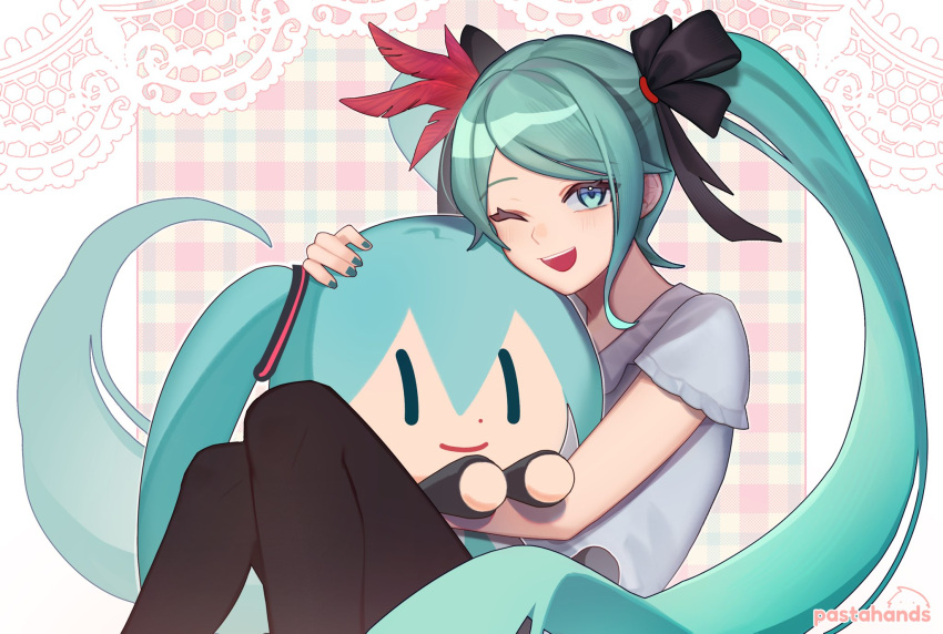 1girl, aqua_eyes, aqua_hair, artist_name, black_ribbon, black_thighhighs, blush, english_commentary, green_nails, hair_ribbon, hatsune_miku, hatsune_miku_(supreme), highres, knees_up, long_hair, looking_at_viewer, one_eye_closed, open_mouth, outline, pastahands, project_diva_(series), ribbon, short_sleeves, sitting, smile, solo, thick_eyelashes, thigh-highs, twintails, very_long_hair, vocaloid, white_outline, world_is_mine_(vocaloid)