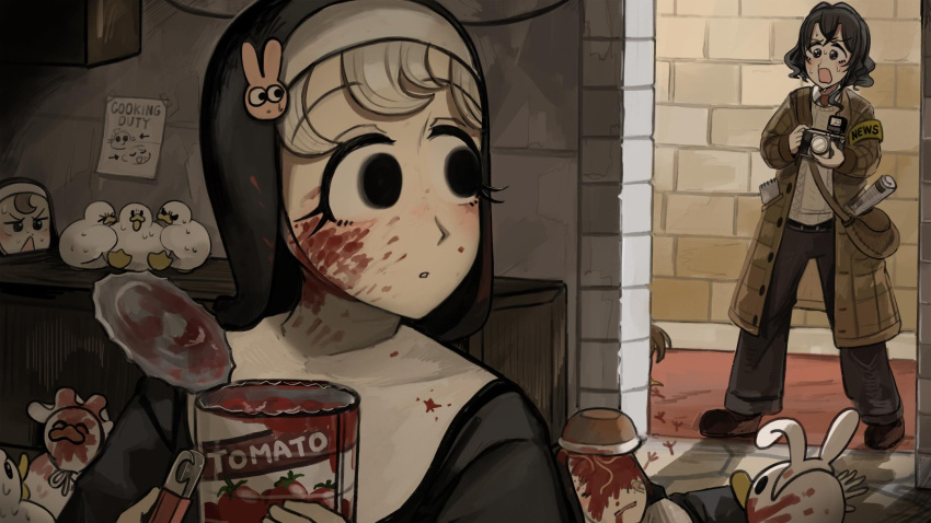 4girls, bandaid, bandaid_on_face, bird, black_eyes, black_hair, bowl, brick_wall, brown_coat, brown_eyes, brown_hair, bunny_nun_(diva), camera, can_opener, chicken, coat, diva_(hyxpk), duck, english_commentary, eyelashes, fake_blood, fallen_down, froggy_nun_(diva), grey_hair, hair_ornament, highres, leaf_nun_(diva), little_nuns_(diva), multiple_girls, nervous_sweating, nun, rabbit_hair_ornament, reporter_(diva), scared, sweat, tomato_sauce, traditional_nun