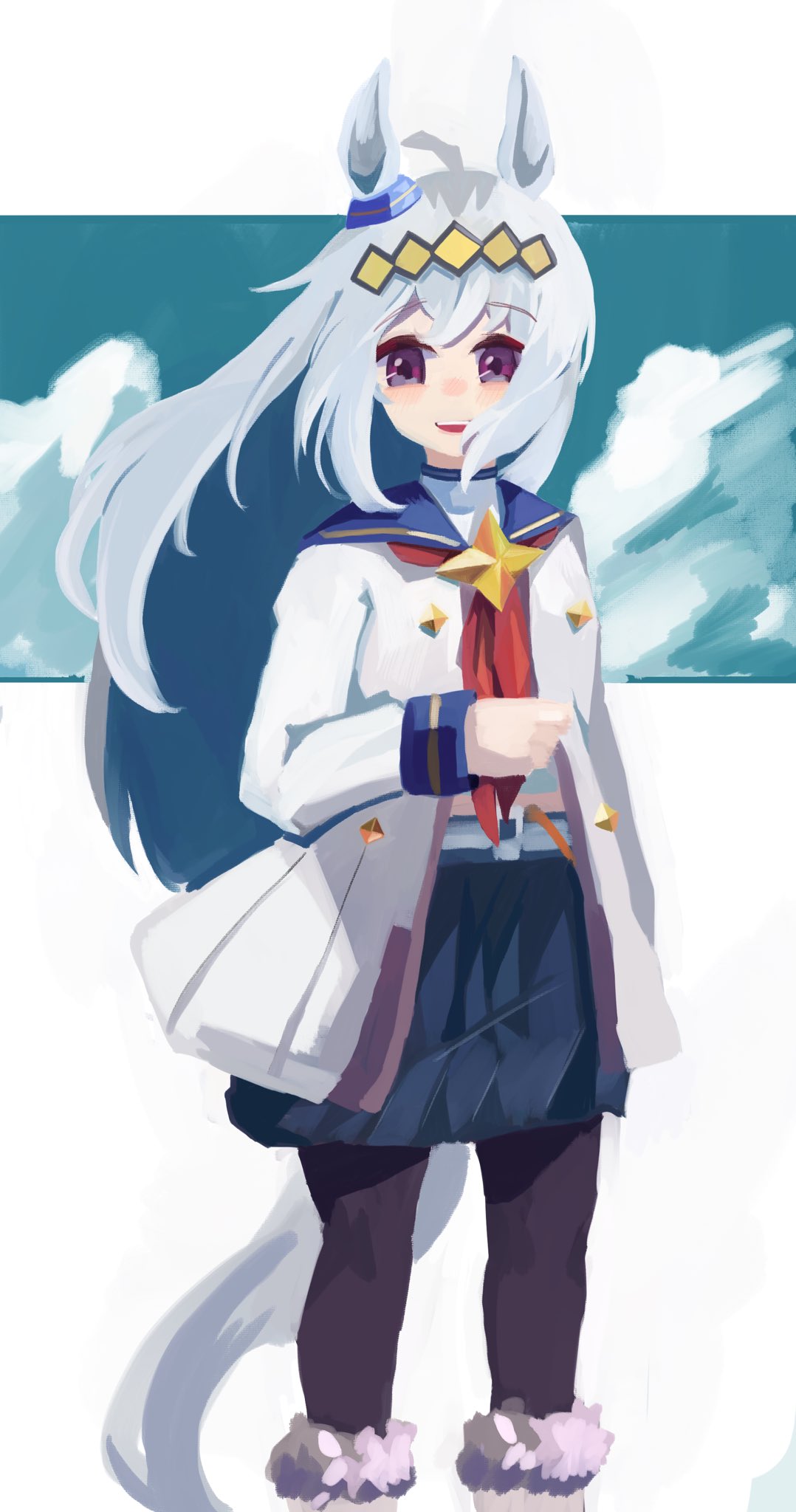 1girl, ahoge, animal_ears, blue_eyes, blue_sailor_collar, blue_skirt, blush, brooch