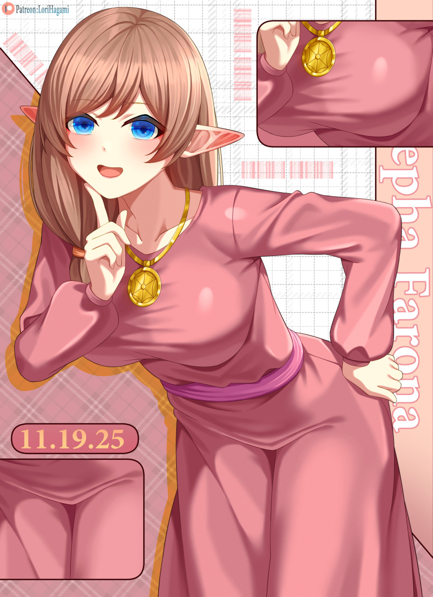 1girl, :d, absurdres, blue_eyes, blush, breasts, brown_hair, character_name, collarbone, commission, commissioner_upload, dress, drop_shadow, elf, hand_on_own_hip, highres, index_finger_raised, jewelry, large_breasts, leaning_forward, long_hair, long_sleeves, looking_at_viewer, lori_hagami, low-tied_long_hair, low_side_ponytail, mature_female, multiple_views, necklace, official_art, open-mouth_smile, open_mouth, pink_dress, pointy_ears, puffy_long_sleeves, puffy_sleeves, sash, sepha_farona, smile, solo, taut_clothes, taut_dress, ways_of_darkness_(series)
