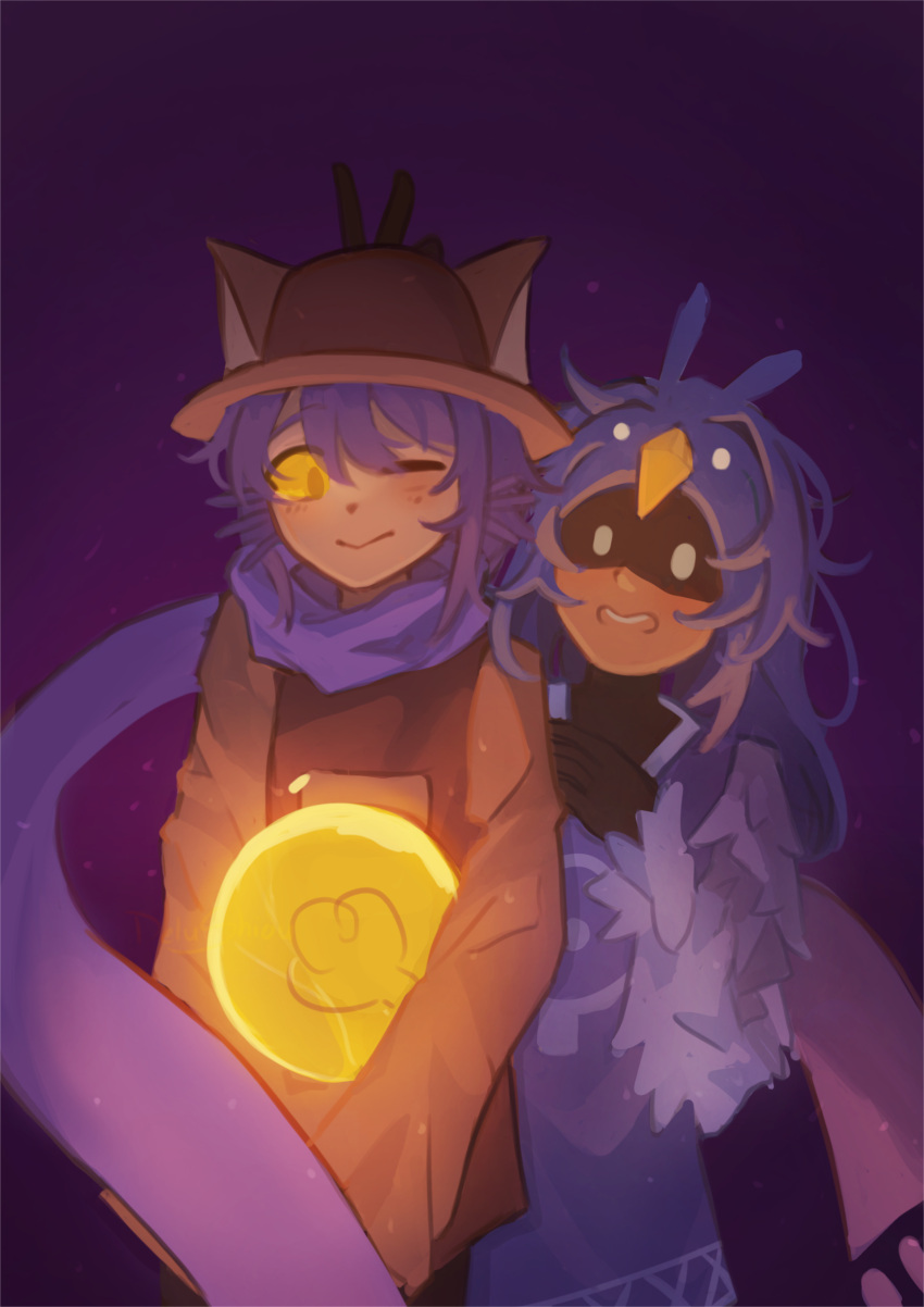 1girl, 1other, absurdres, alula_(oneshot), androgynous, bird_hood, highres, latti_tudes