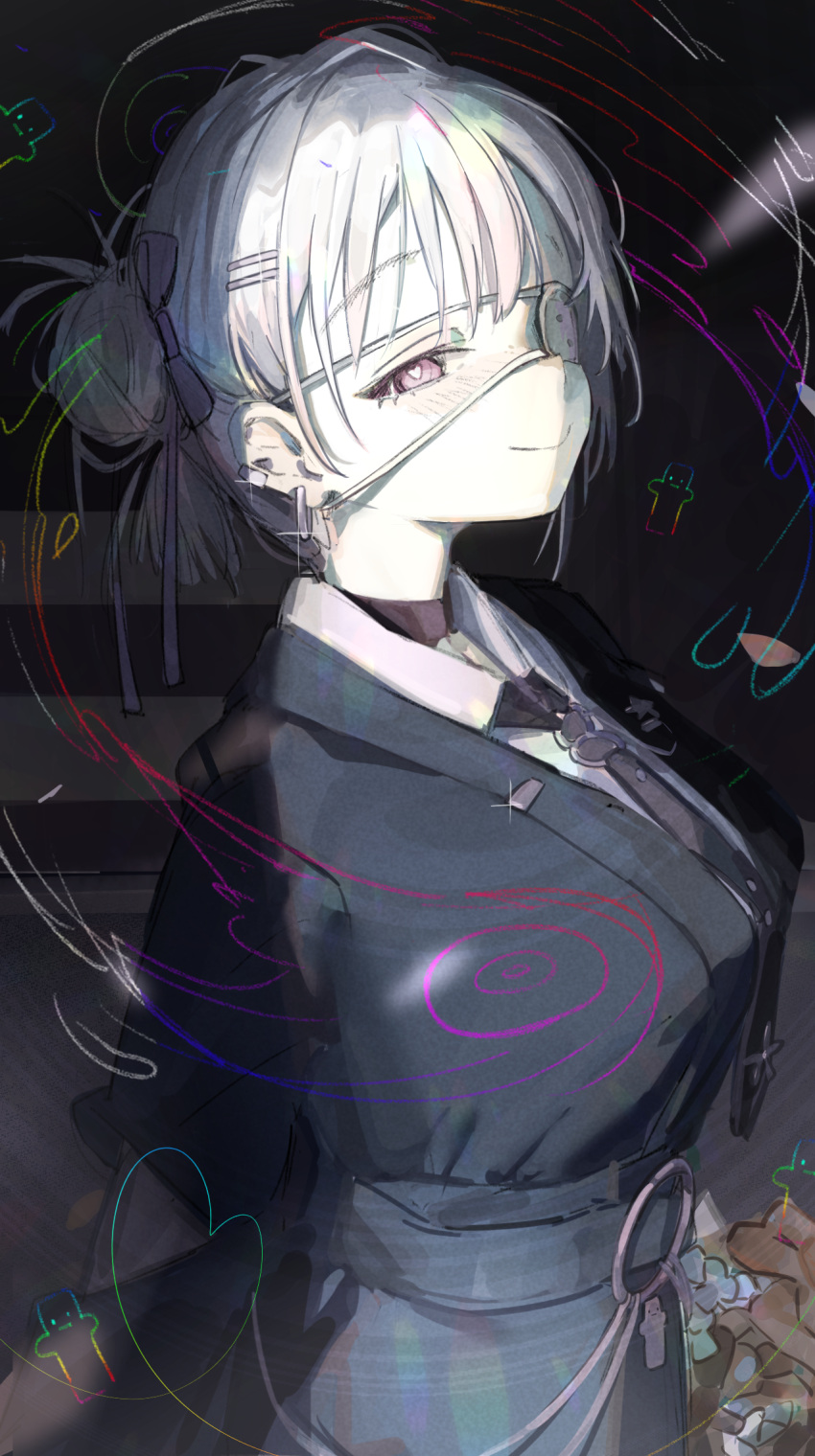 1girl, black_background, black_choker, black_jacket, black_necktie, blush, breasts, choker, closed_mouth, collared_shirt, commentary, earclip, earrings, eyepatch, hair_bun, hair_ornament, hair_ribbon, hairclip, heart, heart_in_eye, highres, jacket, jewelry, large_breasts, long_sleeves, looking_at_viewer, necktie, nijisanji, o-ring_necktie, one_eye_covered, pale_skin, pink_eyes, pink_hair, pink_ribbon, ribbon, shiina_yuika, shiina_yuika_(14th_costume), shirt, smile, solo, symbol_in_eye, virtual_youtuber, white_shirt, yuma-zusuki