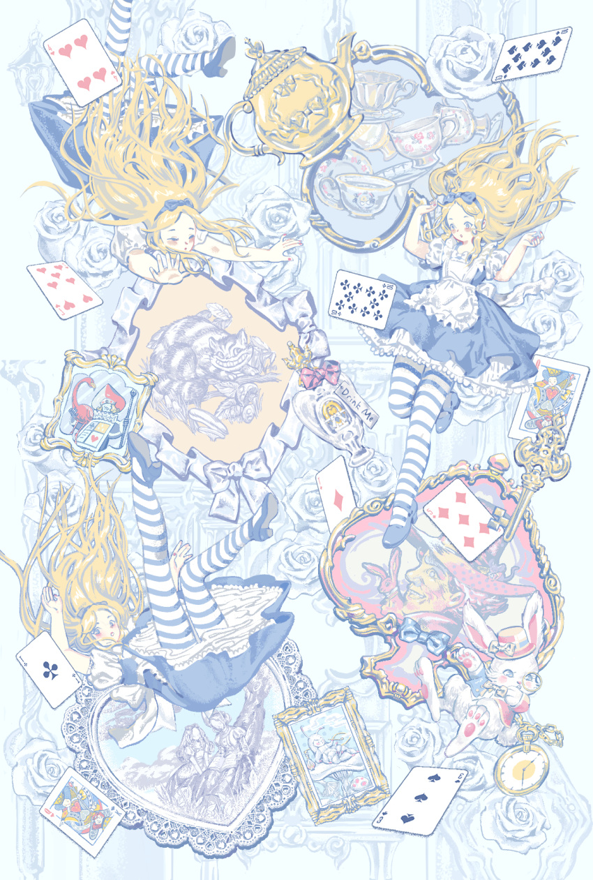 2girls, ace_(playing_card), ace_of_clubs, ace_of_diamonds, against_tree, alice's_adventures_in_wonderland, alice_(alice_in_wonderland), apron