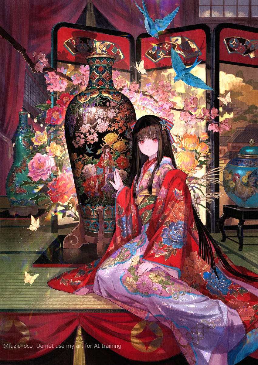 1girl, artist_name, bird, black_hair, blue_bird, branch, bug, butterfly