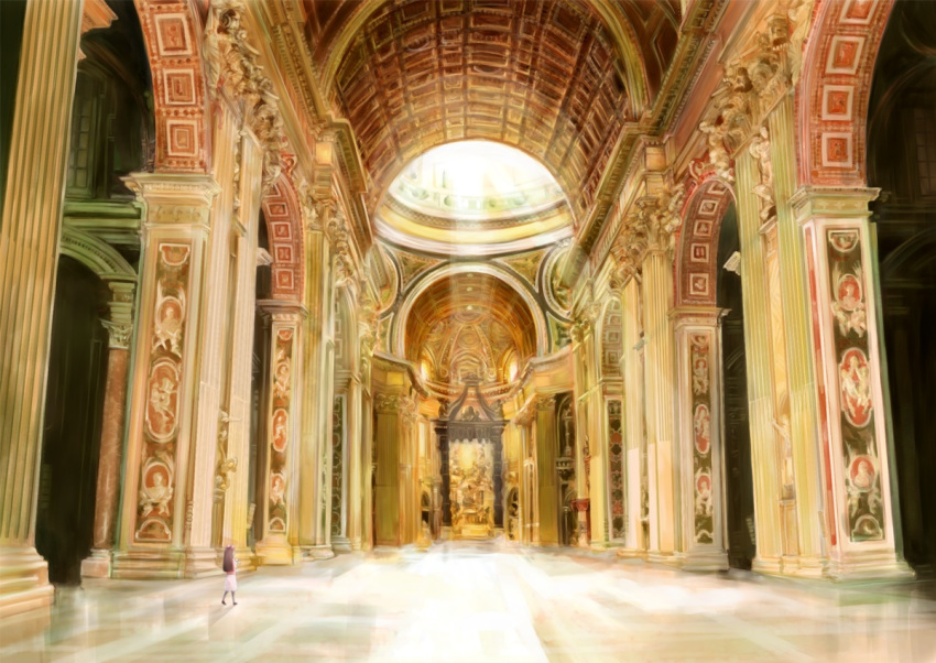 architecture, cathedral, church, idolmaster, light, long_hair, minase_iori, original, saint_peter's_basilica, scenery, solo, st._peter's_basilica, vatican, yorimitsu