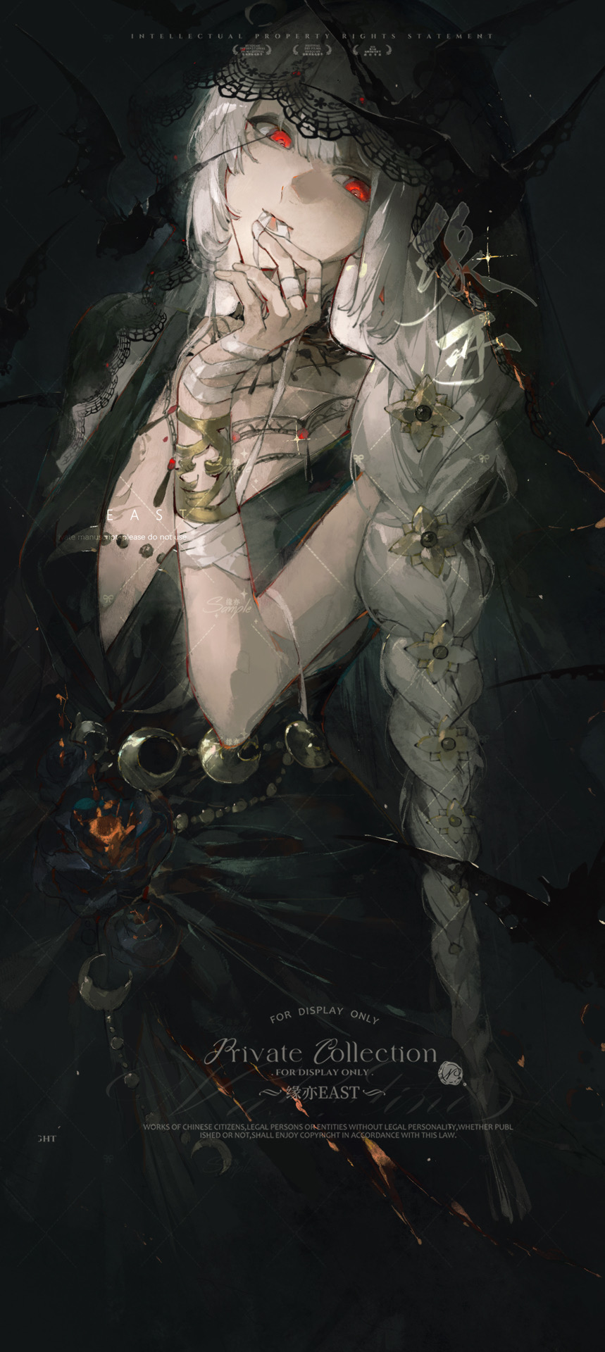1girl, bandaged_arm, bandages, bat_(animal), black_background, black_veil, commission, dress