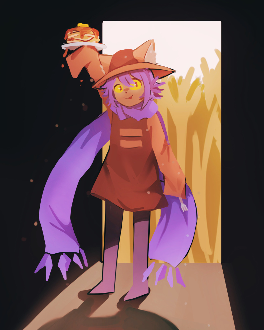 1other, absurdres, animal_ears, arm_up, brown_coat, brown_hat, butter, cat_ears