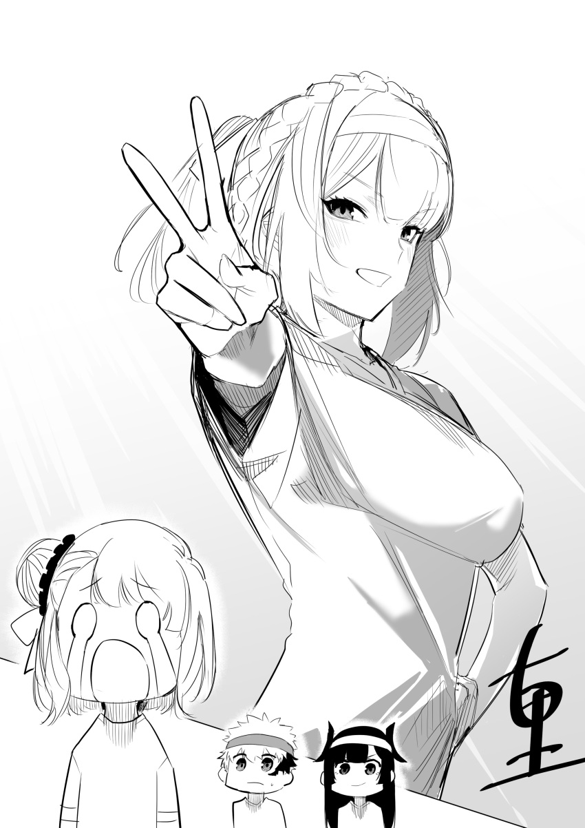 1boy, 3girls, absurdres, aramine_ishu, blush, braid, breasts, chibi