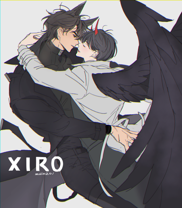 2boys, animal_ears, arm_around_back, arm_around_neck, black_coat, black_eyes, black_hair, black_shirt