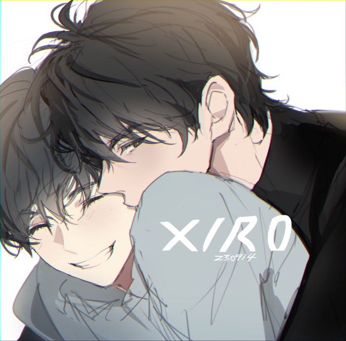 2boys, black_eyes, black_hair, black_shirt, blush, closed_eyes, commentary, grin