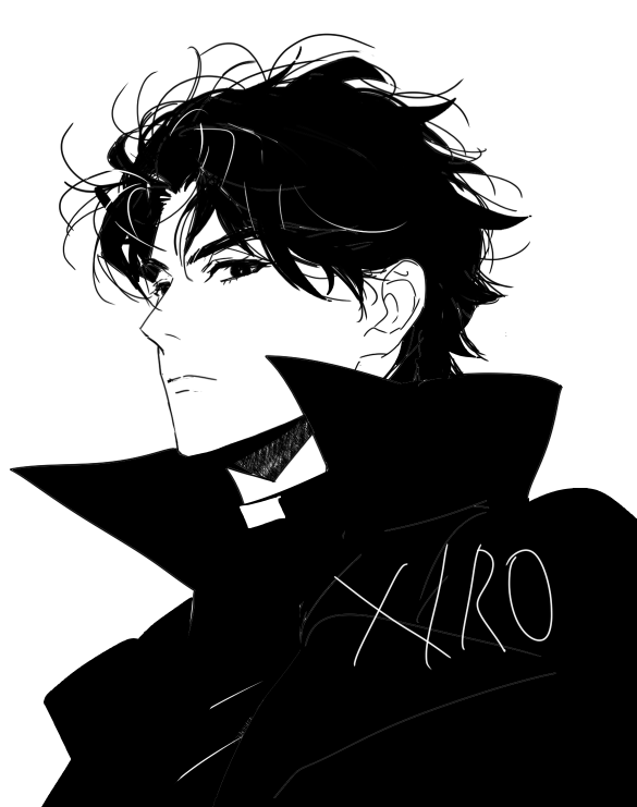 1boy, black_coat, black_hair, coat, commentary, greyscale, looking_at_viewer, male_focus