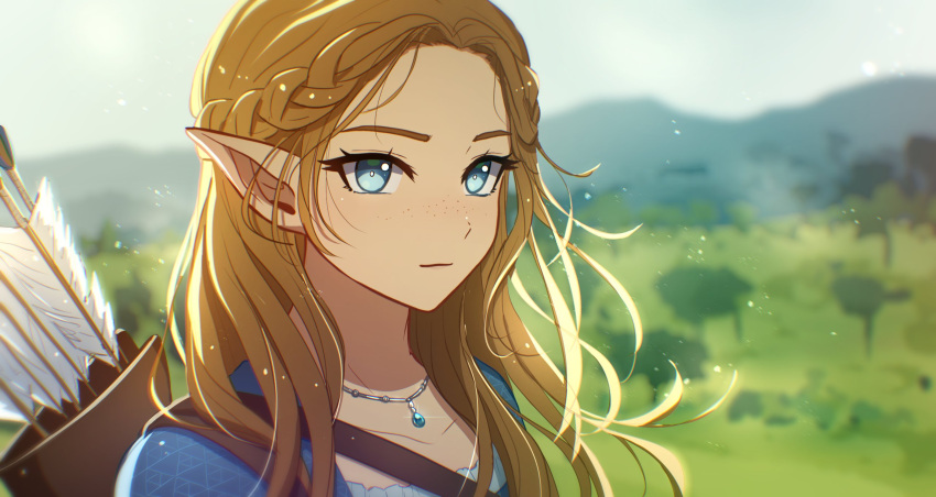 1girl, arrow_(symbol), backlighting, blonde_hair, blue_eyes, blurry, blurry_background, braid, clip_studio_paint_(medium), commentary, english_commentary, enni, freckles, highres, jewelry, light_particles, long_hair, long_pointy_ears, looking_at_viewer, making-of_available, mountainous_horizon, necklace, outdoors, photo-referenced, pointy_ears, princess_zelda, quiver, smile, solo, the_legend_of_zelda_(live_action), tree, upper_body