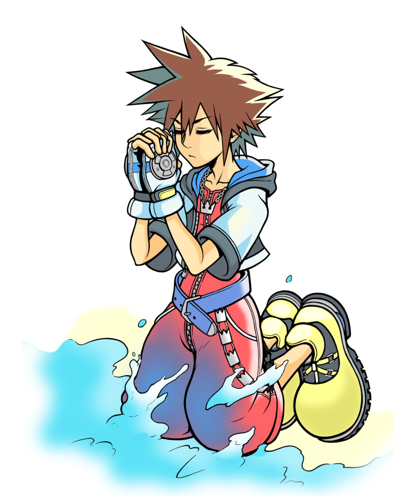 1boy, beach, belt, blue_belt, closed_eyes, closed_mouth, commentary, fingerless_gloves