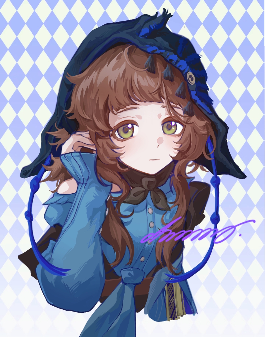 1girl, adjusting_hair, argyle_background, black_veil, blue_background, blue_shirt, blunt_bangs, brown_hair, chinstrap, closed_mouth, coppelia_(reverse:1999), cropped_torso, green_eyes, hand_up, looking_at_viewer, medium_hair, reverse:1999, shirt, shuoyaori_xianding, single_off_shoulder, solo, upper_body, veil, white_background