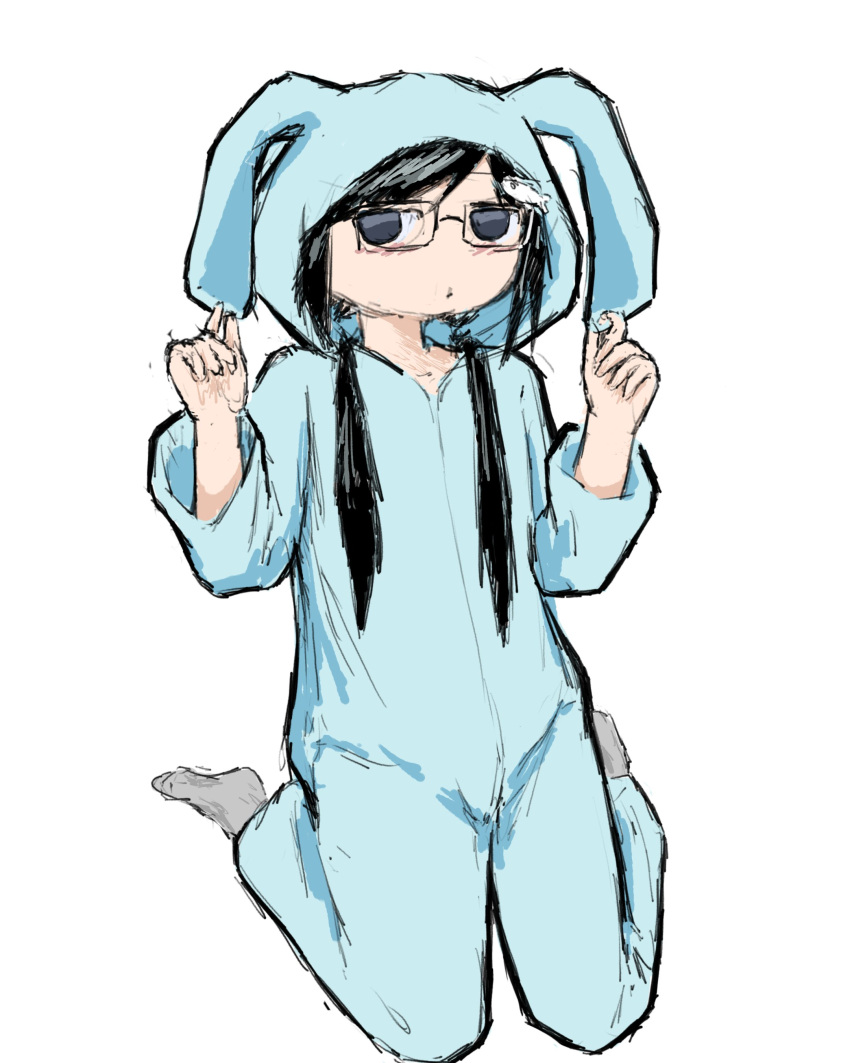 1girl, absurdres, animal_ears, black-framed_eyewear, black_hair, blue_eyes, blue_onesie, blush