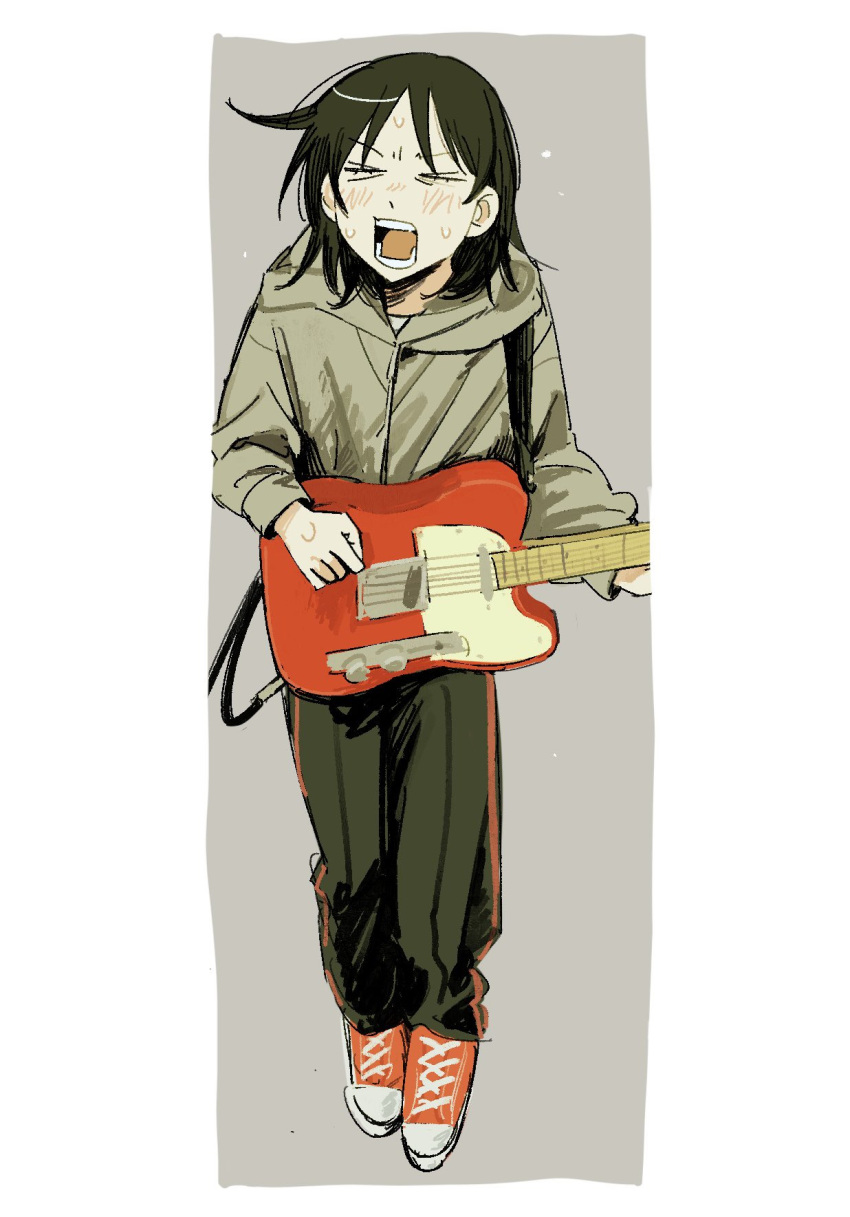 >_<, 1girl, black_hair, black_pants, blush, brown_background, cable, electric_guitar, fender_telecaster, full_body, futsuu_no_keion-bu, guitar, guitar_strap, hatono_chihiro, highres, holding, holding_guitar, holding_instrument, hood, hood_down, hoodie, instrument, mot_1623, open_mouth, pants, red_shoes, shoes, short_hair, side_ahoge, sneakers, solo, standing, sweat