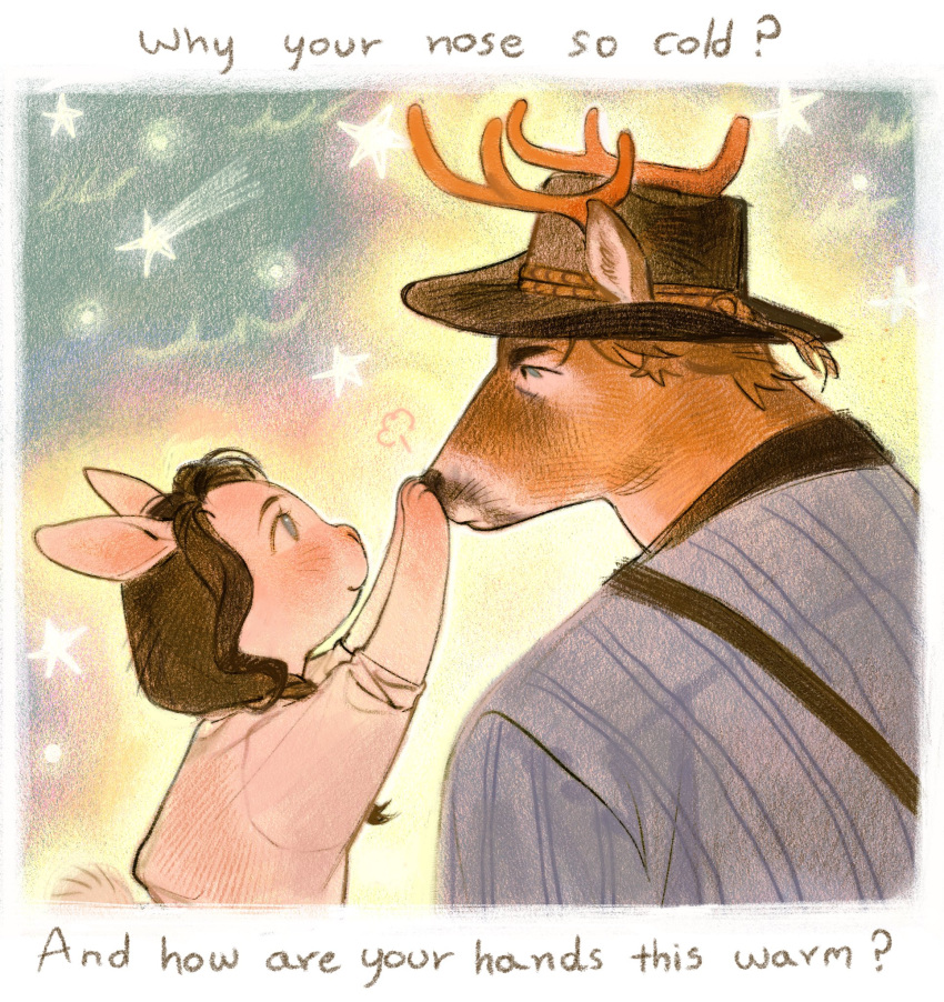 1boy, 1girl, ?, animal_ears, animal_nose, antlers, arthur_morgan, aura