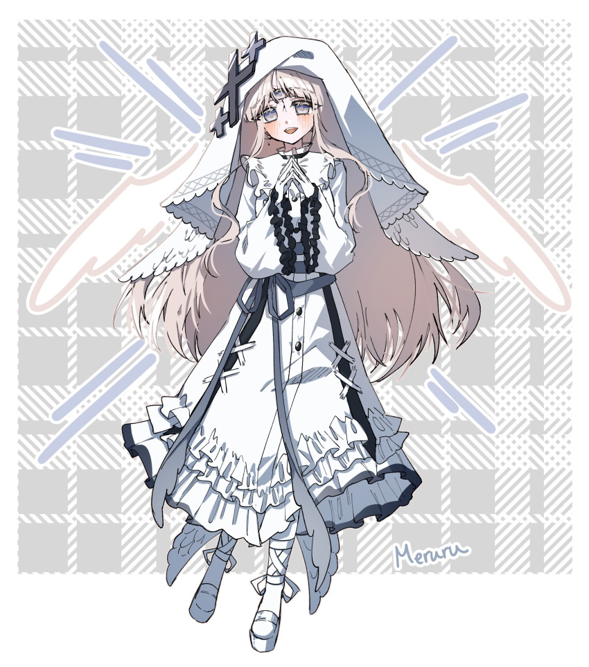 1girl, absurdres, blonde_hair, character_name, collared_dress, commentary, cross, cross_earrings
