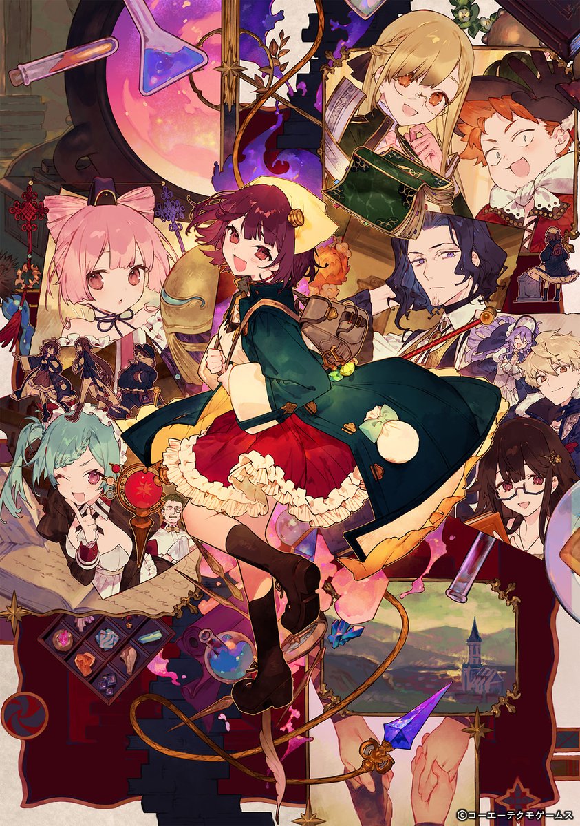 4boys, 6+girls, atelier_(series), atelier_sophie, bag, bare_shoulders, blue_coat, brown_eyes
