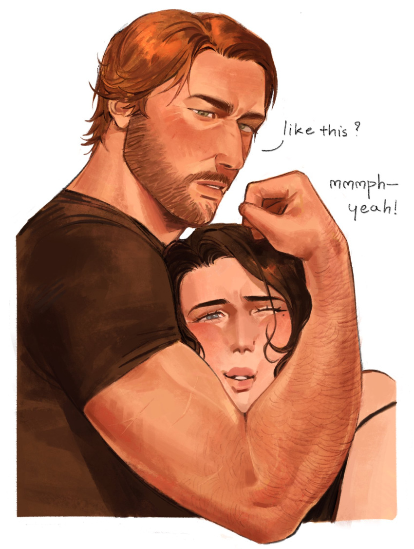 !, 1boy, 1girl, ?, alternate_costume, arm_hair, arthur_morgan, beard