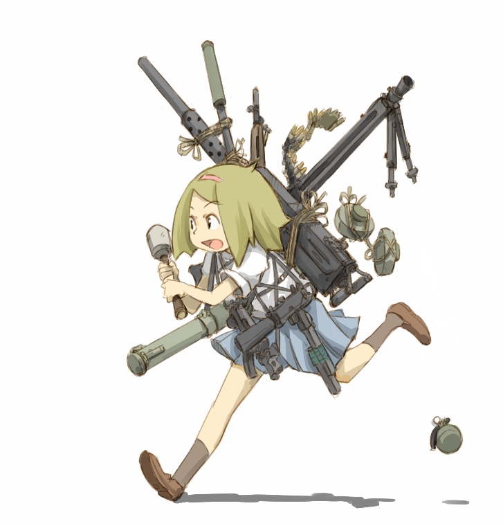 bazooka, box_sentou_shoujo, explosive, footwear, green_hair, grenade, gun, hairband, landmine, machine_gun, mine_(weapon), ohyo, open_mouth, original, rifle, short_hair, simple_background, skirt, socks, solo, submachine_gun, weapon