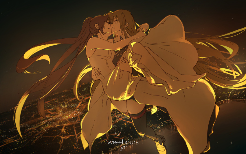 2girls, absurdres, brown_hair, carrying, fate_testarossa, fate_testarossa_(impulse_form), highres, long_hair