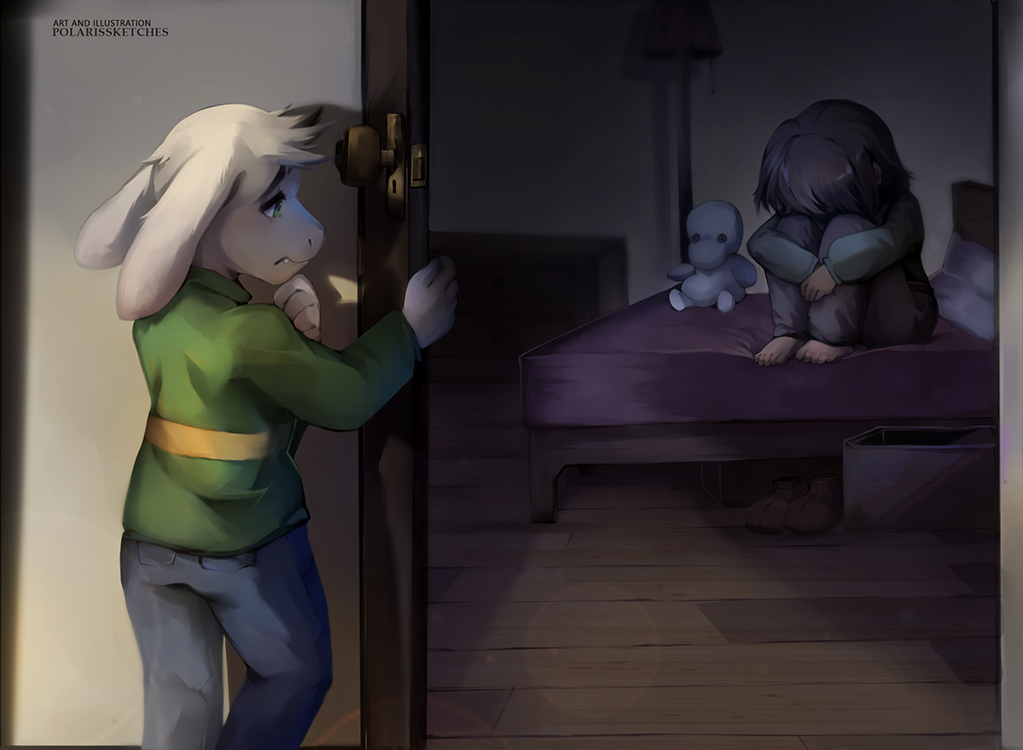 1boy, 1other, asriel_dreemurr, barefoot, bed, blanket, blue_pants, brown_hair, brown_pants, chara_(undertale), denim, doorknob, furry, green_shirt, jeans, lamp, monster, monster_boy, pants, pillow, polarissketches, sad, shirt, stuffed_toy, undertale, utdr_(toby_fox), white_fur, wooden_floor