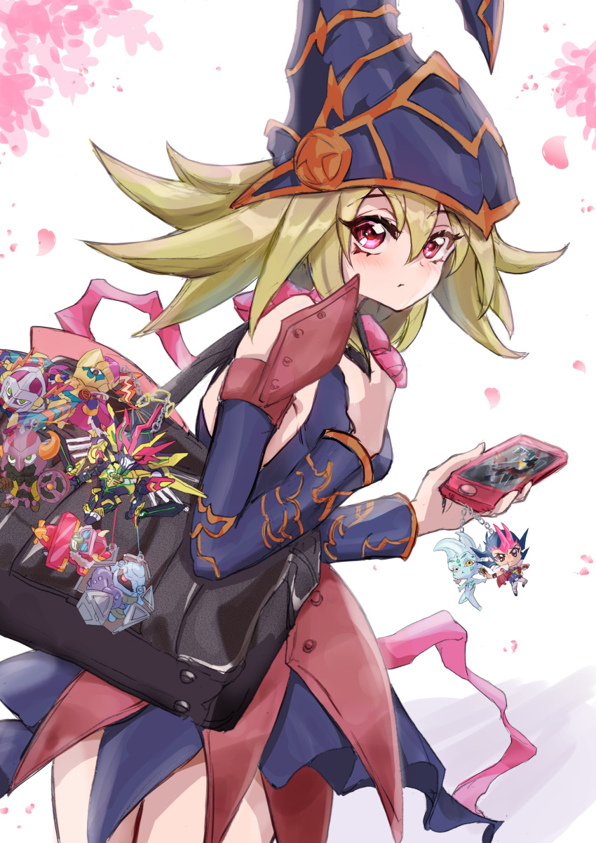1girl, absurdres, astral_(yu-gi-oh!), autumn_leaves, bag, bare_shoulders, black_dress, black_hat, breasts, brown_hair, cellphone, character_doll, charm_(object), commentary_request, cowboy_shot, dododo_warrior, doll, dress, duel_monster, gagaga_girl, gagaga_magician, ganbara_knight, goblindbergh, gogogo_golem, hat, highres, holding, holding_phone, leaf, noppe, number_f0:_utopic_future_zexal, phone, pink_eyes, simple_background, solo, tsukumo_yuma, white_background, yu-gi-oh!, yu-gi-oh!_master_duel, yu-gi-oh!_zexal, zubaba_knight