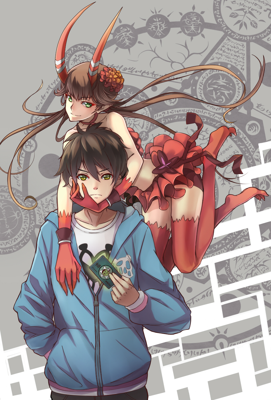 c_(control), c_the_money_of_soul_and_possibility_control, calling_card, dress, gloves, green_eyes, highres, horns