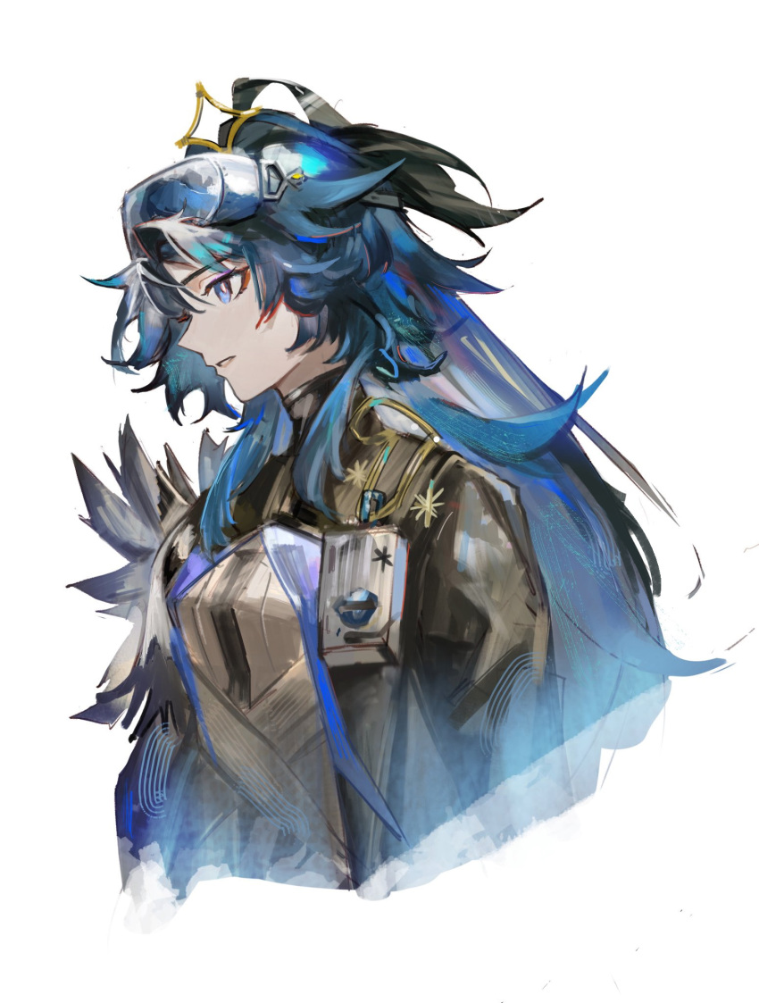 1girl, arknights, astgenne_(arknights), astgenne_the_lightchaser_(arknights), az'ruler, blue_eyes, blue_hair, cropped_torso, feather_trim, goggles, goggles_on_head, highres, long_hair, long_sleeves, parted_lips, simple_background, solo, upper_body, very_long_hair, white_background