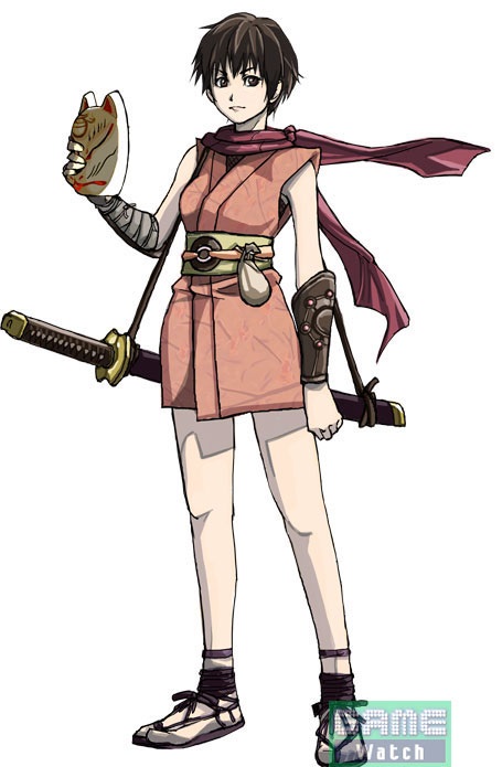 1girl, arm_at_side, arm_guards, bandaged_arm, bandages, bare_legs, black_eyes, black_hair, breasts, closed_mouth, concept_art, fox_mask, fromsoftware, full_body, hair_between_eyes, hand_up, holding, holding_mask, japanese_clothes, katana, kimono, legs_apart, logo, looking_at_viewer, mask, medium_breasts, ninja, obi, official_art, purple_scarf, red_kimono, rin_(tenchuu), robe, sash, scabbard, scarf, sheath, short_hair, simple_background, sleeveless, smile, solo, standing, sword, tenchuu, thighs, tomboy, v-shaped_eyebrows, waraji, weapon, weapon_on_back, white_background, yellow_robe