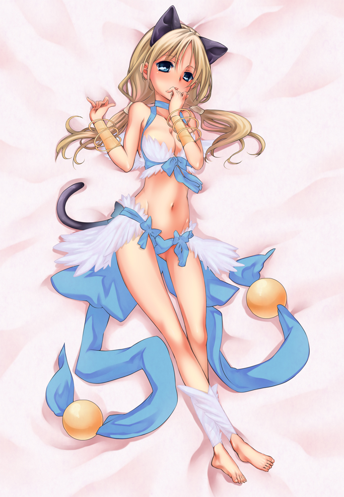 animal_ears, bangle, barefoot, blonde_hair, blue_eyes, bracelet, breasts, cat_ears