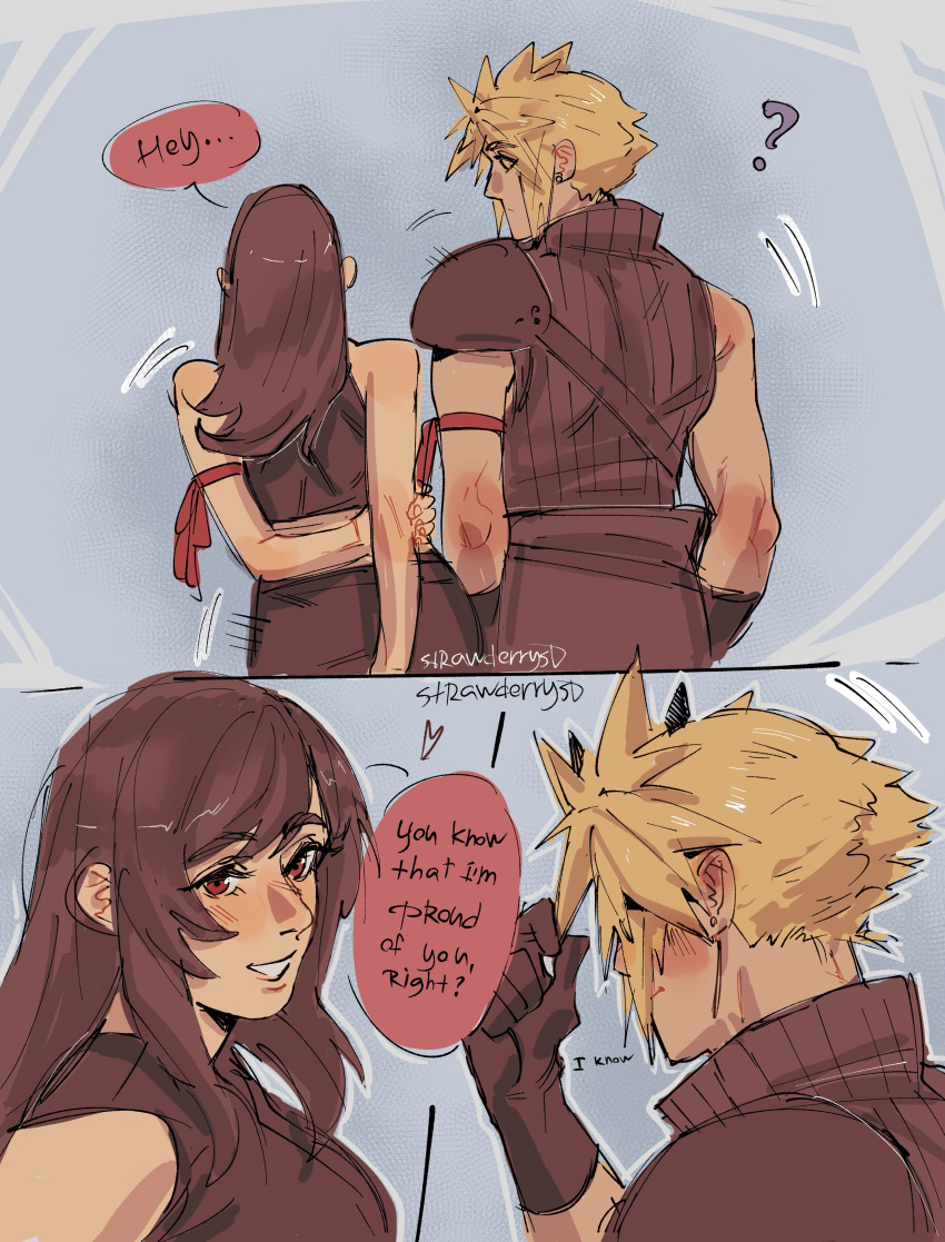 1boy, 1girl, ?, absurdres, apron, arm_ribbon, arms_behind_back, bare_shoulders, black_apron, black_gloves, black_hair, black_vest, blonde_hair, blush, breasts, cloud_strife, ear_blush, english_commentary, english_text, final_fantasy, final_fantasy_vii, final_fantasy_vii:_advent_children, from_behind, gloves, heart, height_difference, highres, holding, holding_own_hair, large_breasts, leaning_on_person, long_hair, looking_at_another, motion_lines, parted_lips, red_eyes, red_ribbon, ribbed_shirt, ribbon, shirt, short_hair, single_bare_shoulder, single_shoulder_pad, sleeveless, sleeveless_shirt, spiky_hair, strawderryst, swaying_hip, tifa_lockhart, twitter_username, upper_body, vest, waist_apron