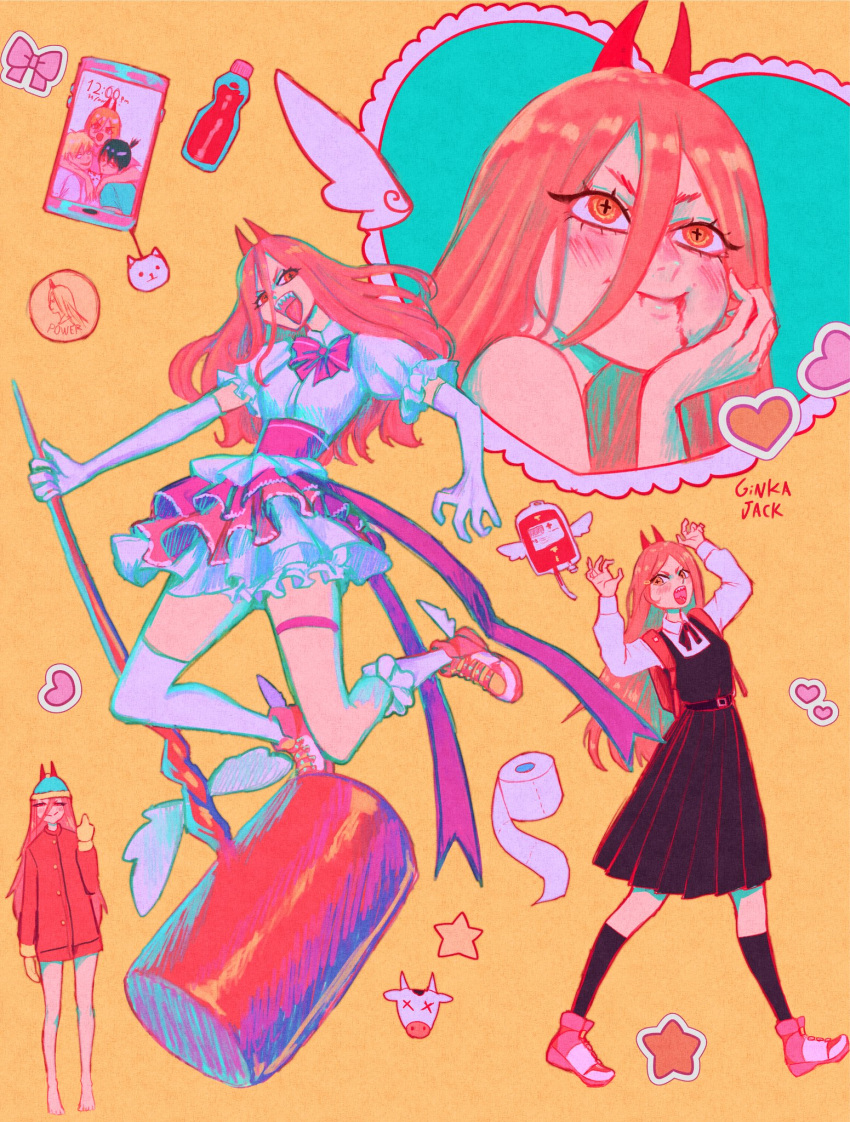 1girl, blonde_hair, blood, blood_bag, blood_on_face, cellphone, chainsaw_man, coin