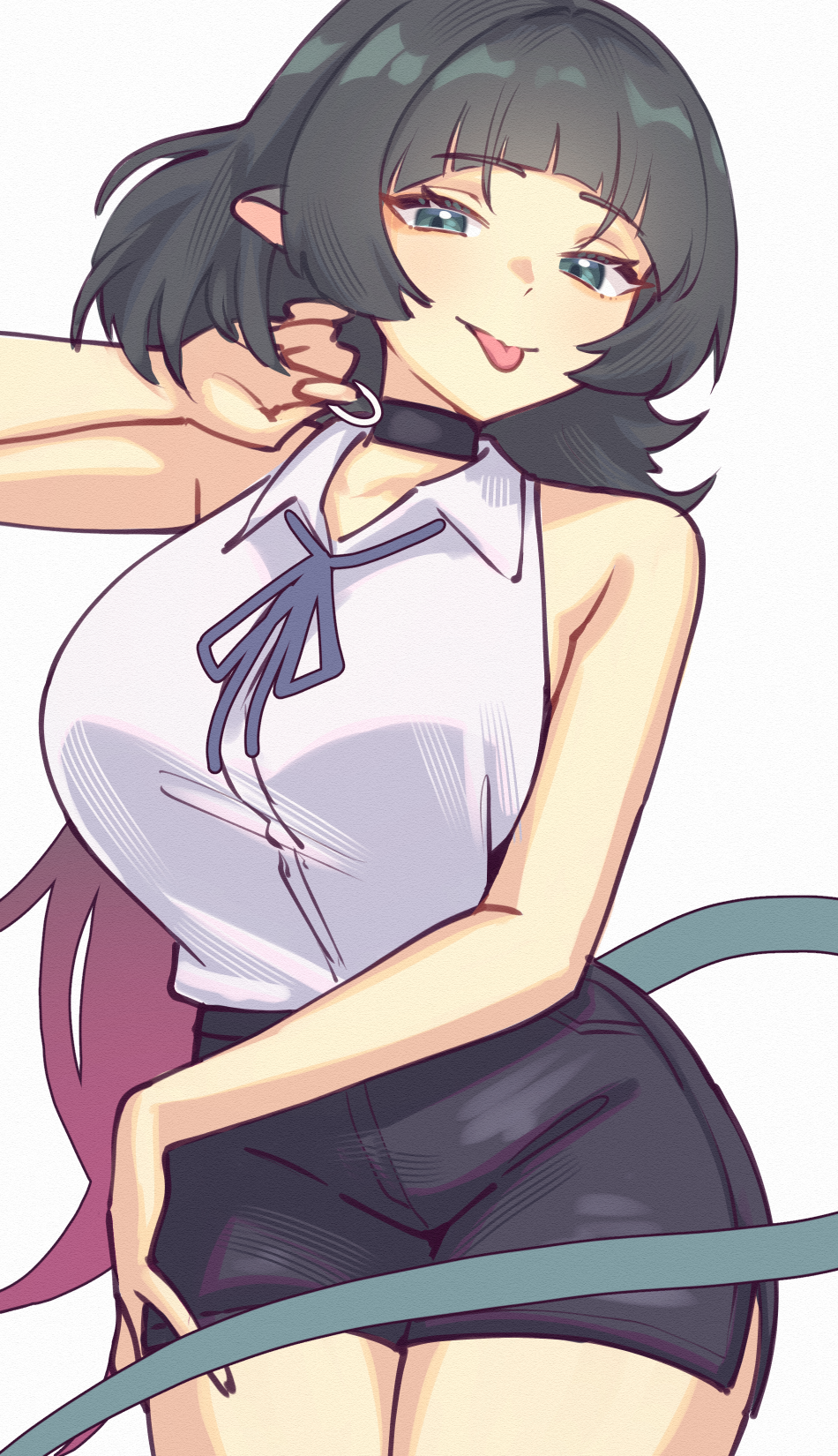 1girl, :p, animal_ears, black_choker, black_hair, black_shorts, blunt_bangs, breasts