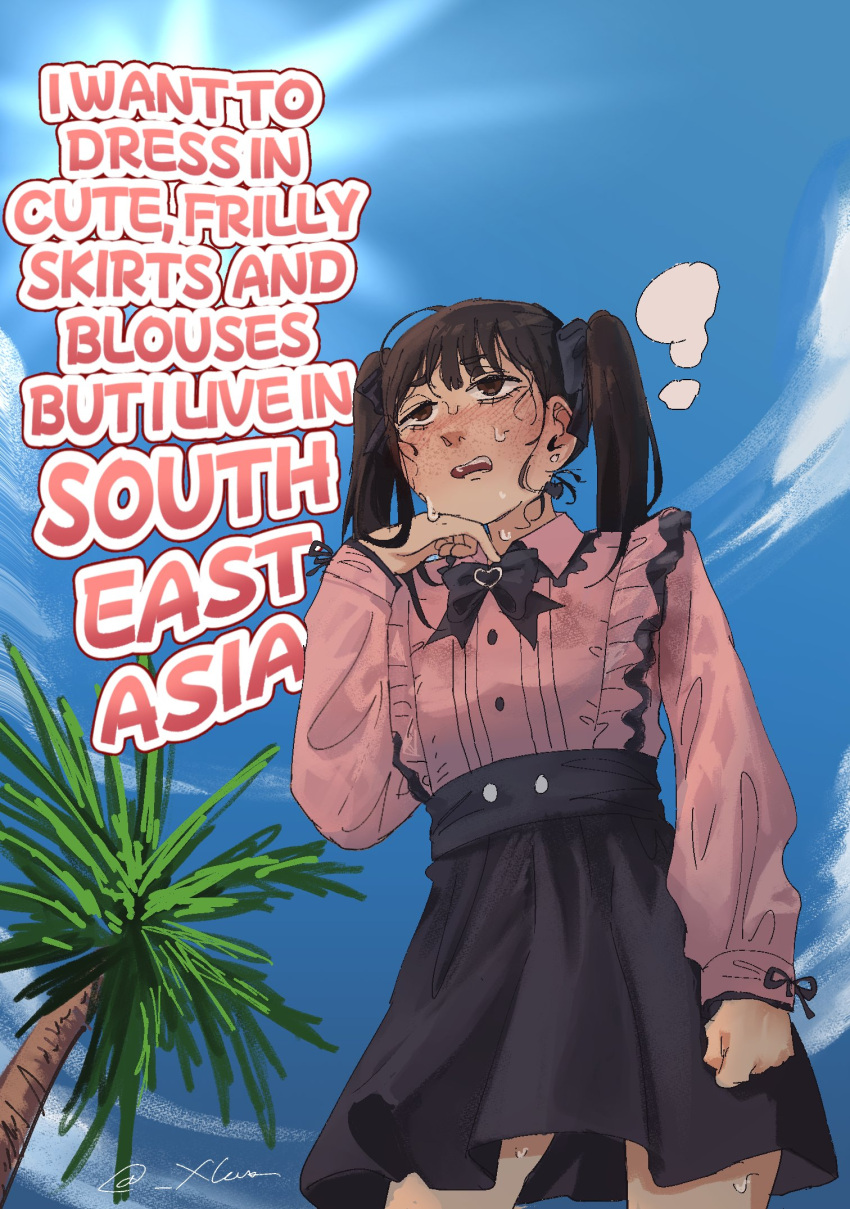 1girl, black_bow, black_ribbon, black_skirt, blush, bow, brown_eyes, brown_hair, collared_shirt, cowboy_shot, day, ear_piercing, english_text, freckles, frilled_shirt, frills, from_below, highres, indonesian_commentary, jirai_kei, light_rays, long_hair, nose, oliver_nero, open_mouth, original, outdoors, palm_tree, piercing, pink_shirt, ribbon, shirt, shirt_tucked_in, skirt, sky, solo, sweat, tree, twintails, twitter_username