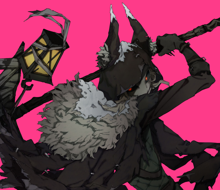 1boy, absurdres, animal_ear_fluff, animal_hood, black_coat, black_gloves, black_sclera, blonde_hair, chantugokun, claws, coat, colored_sclera, dynamic_pose, fur-trimmed_coat, fur_trim, gloves, highres, holding, holding_weapon, hood, identity_v, ithaqua_(identity_v), lantern, looking_back, male_focus, mask, pink_background, red_eyes, short_twintails, solo, twintails, upper_body, weapon