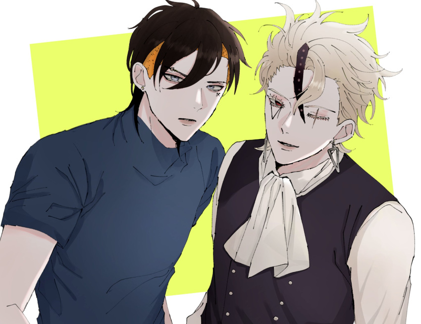2boys, ascot, black_hair, black_vest, blonde_hair, blue_shirt, boruto:_two_blue_vortex, code_(naruto)