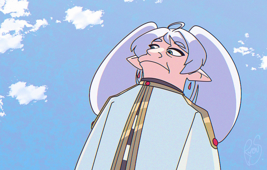 1girl, blue_sky, capelet, commentary, earrings, elf, english_commentary, expressionless