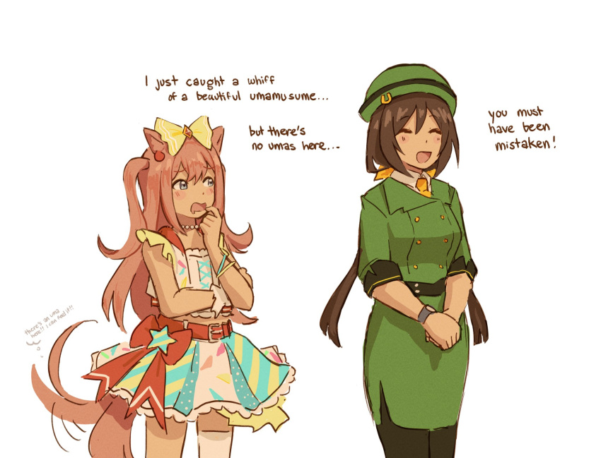 1girl, 2girls, :d, agnes_digital_(full-color_fangirling)_(umamusume), agnes_digital_(umamusume), animal_ears, belt, blue_eyes, blush, bow, bowler_hat, brown_hair, buttons, closed_eyes, collared_shirt, commentary, cowboy_shot, double-breasted, drooling, english_commentary, english_text, green_hat, green_jacket, hair_bow, hat, hayakawa_tazuna, highres, horse_ears, horse_girl, horse_racing_track, horse_tail, jacket, long_hair, mouth_drool, multicolored_skirt, multiple_girls, necktie, nonnormalguy, open_mouth, pink_hair, red_belt, shirt, simple_background, single_thighhigh, single_wrist_cuff, skirt, skirt_suit, sleeveless, smile, split_ponytail, suit, sweatdrop, tail, tail_wagging, thigh-highs, two_side_up, umamusume, white_background, white_shirt, white_thighhighs, wrist_cuffs, yellow_bow, yellow_necktie