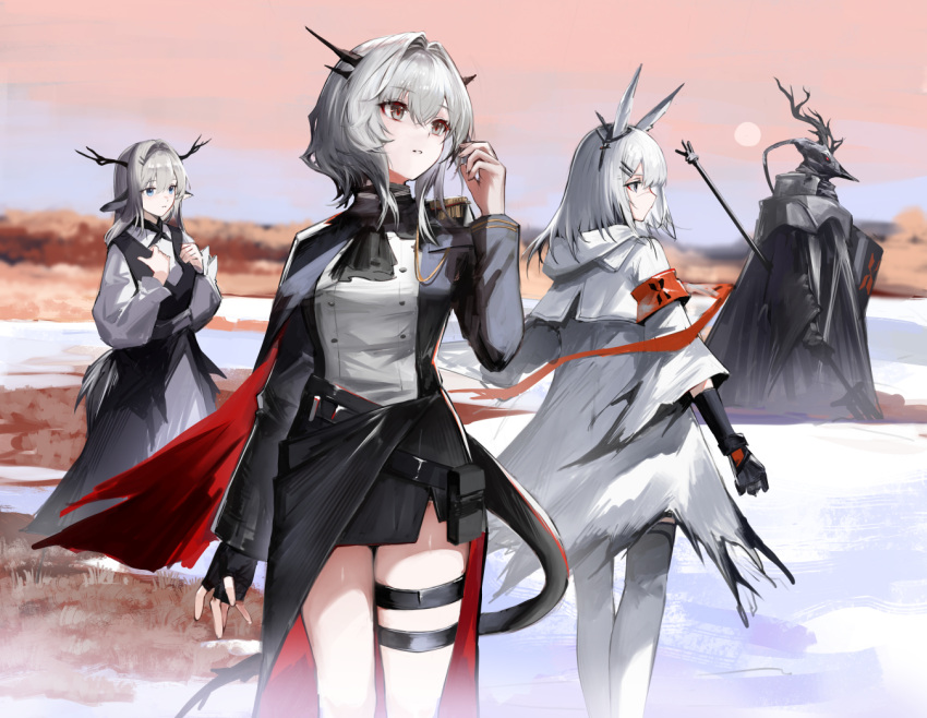 3girls, aiguillette, alina_(arknights), animal_ears, animal_skull, antlers, arknights, armband