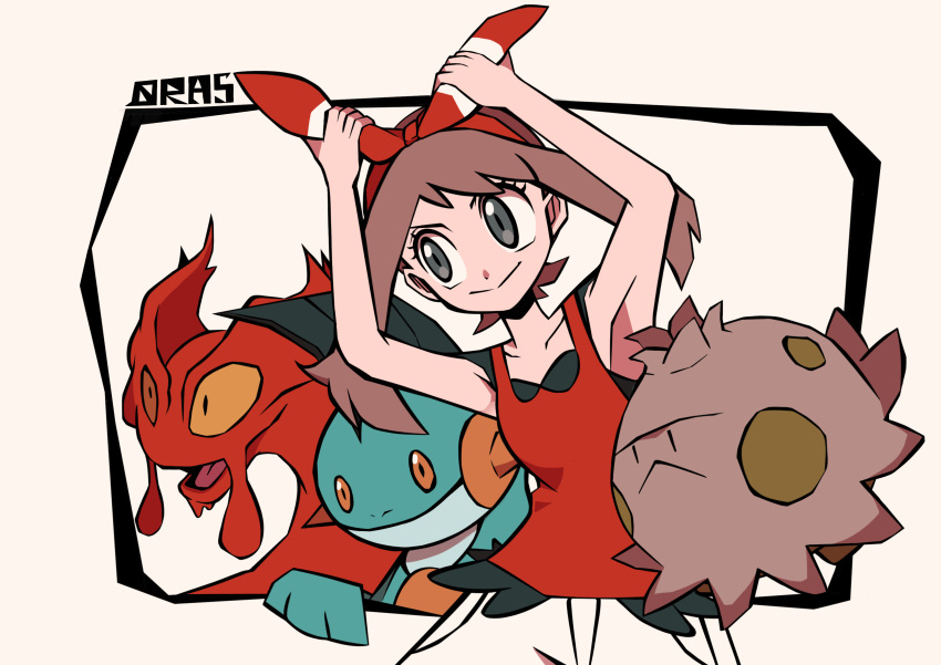 1girl, :>, :<, absurdres, arms_up, brown_hair, closed_mouth, collarbone