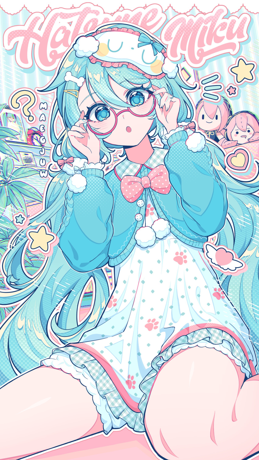 1girl, :o, ?, absurdres, adjusting_eyewear, aqua_eyes, aqua_hair, artist_name