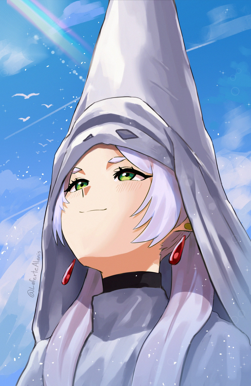 1girl, absurdres, alaniz_(lafertealanis), bird, blue_sky, capirote, closed_mouth, day, earrings, frieren, green_eyes, highres, jewelry, meme, outdoors, sky, smile, solo, sousou_no_frieren, twitter_username, upper_body, upward_angle_frieren_drawing_(meme)