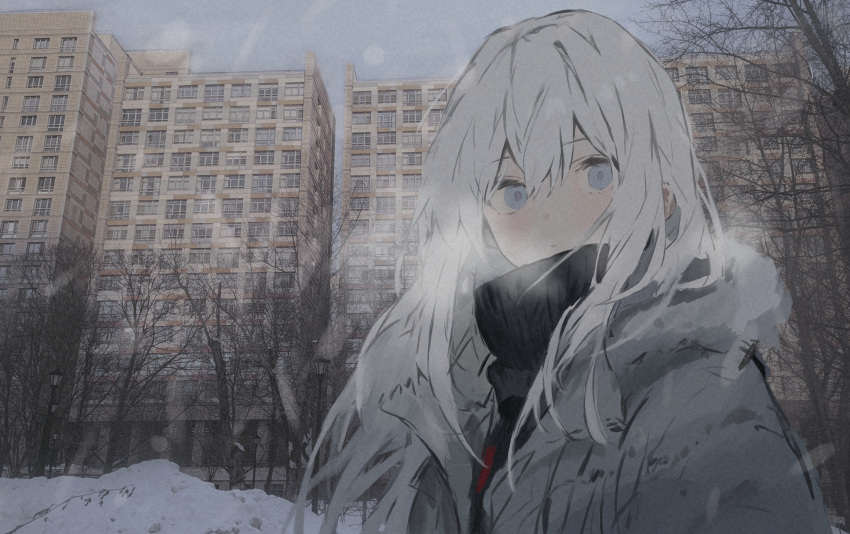1girl, absurdres, bare_tree, black_scarf, breath, closed_mouth, coat, commentary_request, day, double-parted_bangs, expressionless, fur-trimmed_coat, fur_trim, grey_coat, grey_eyes, hair_between_eyes, highres, its_(pixiv_61283676), lamppost, long_bangs, long_hair, looking_at_viewer, mixed-language_commentary, original, outdoors, photo_background, real_world_location, russian_commentary, scarf, solo, steam, tree, upper_body, white_hair, winter