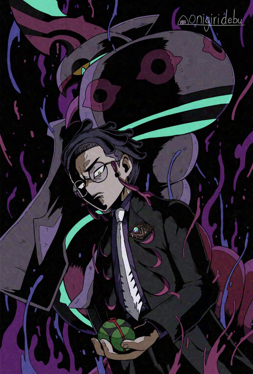 1boy, aqua_eyes, aqua_trim, armor, artist_name, black-framed_eyewear, black_hair, black_jacket