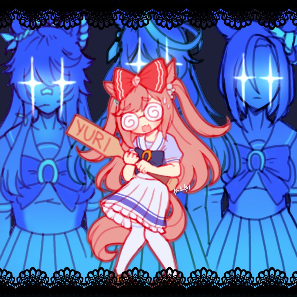 +_+, 4girls, agnes_digital_(umamusume), air_groove_(umamusume), animal_ears, border, bow, bowtie, coke-bottle_glasses, commentary, confessions_of_a_rotten_girl_(vocaloid), drachen_ivy, english_commentary, fang, feet_out_of_frame, glasses, hair_bow, himejoshi, holding, holding_paddle, horse_ears, horse_girl, horse_tail, lace, lace_border, long_hair, multiple_girls, narita_brian_(umamusume), open_mouth, ornate_border, paddle, pink_hair, pleated_skirt, puffy_short_sleeves, puffy_sleeves, purple_bow, purple_bowtie, purple_shirt, red_bow, school_uniform, shirt, short_sleeves, skin_fang, skirt, summer_uniform, symboli_rudolf_(umamusume), tail, thigh-highs, tracen_school_uniform, two_side_up, umamusume, white_skirt, white_thighhighs, yaoi_paddle