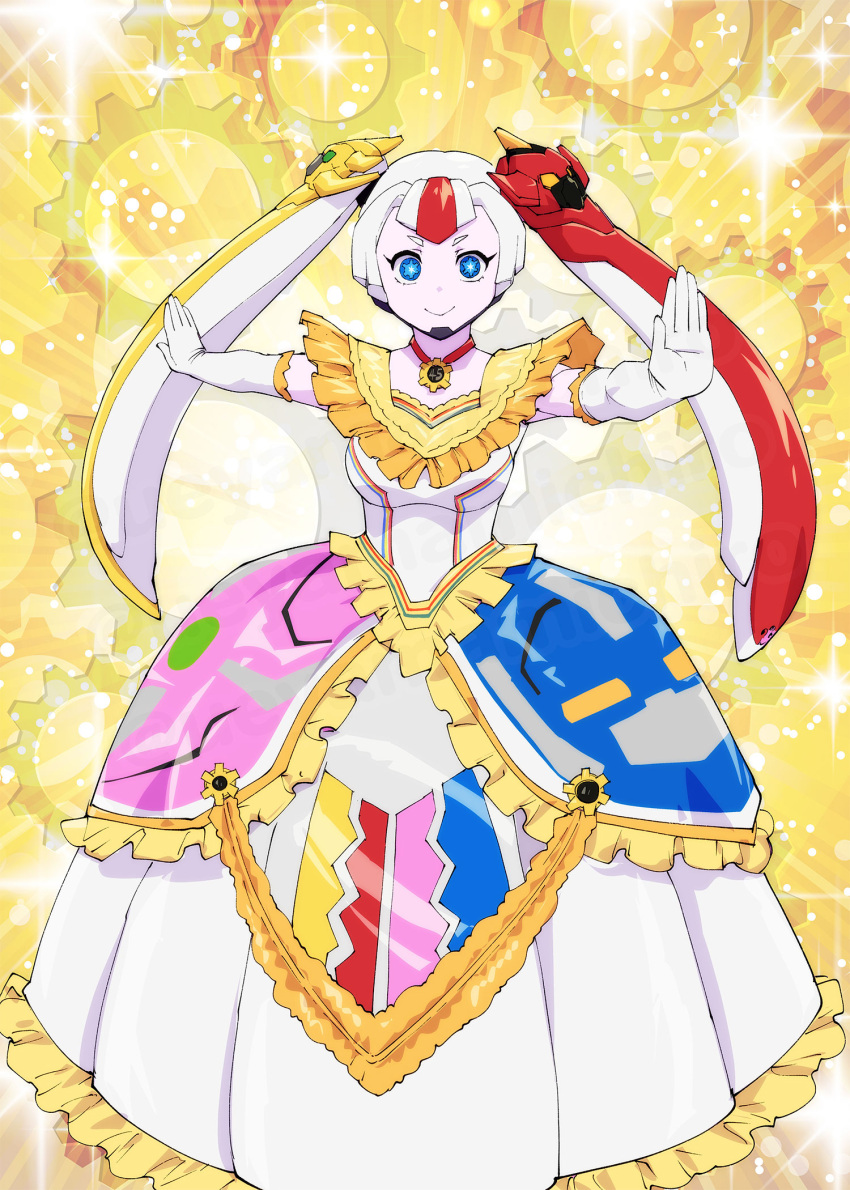 1girl, blue_eyes, closed_mouth, dress, feet_out_of_frame, frilled_dress, frills, gear_background